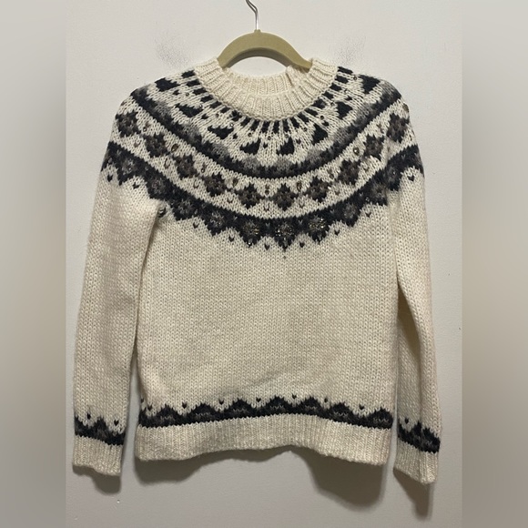 Ann Taylor Loft Sweater Women Small Ivory Fair Isle Gem Wool Alpaca Mohair Blend - Picture 2 of 11